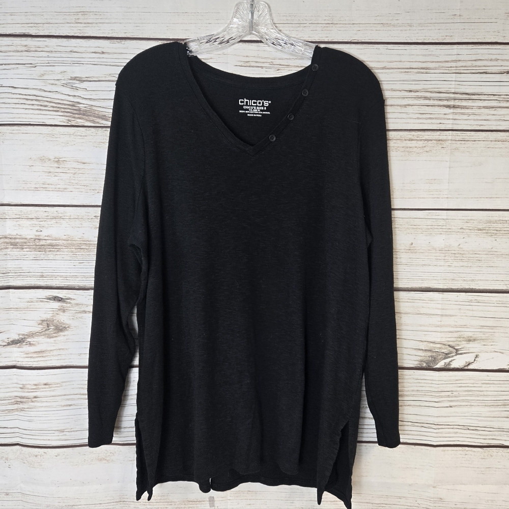 Chico's Button Detail V-Neck Modal Tunic Size XL Black